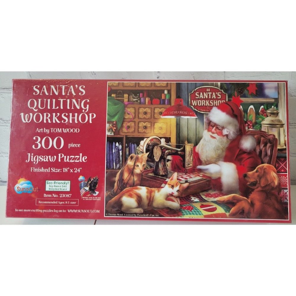 SunsOut Santa's Quilting Workshop 300 Piece Jigsaw Puzzle NEW 18" X 24"
